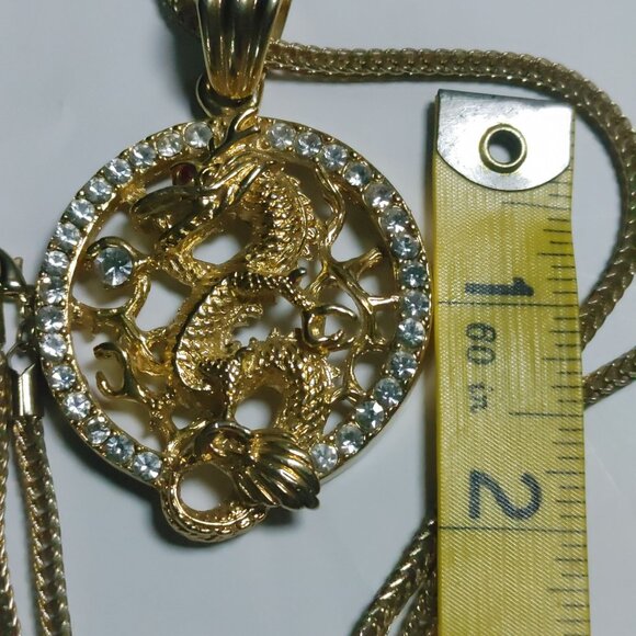 Gold Chinese Dragon Year Pendant Necklace Gold Tone Rhinestones 22 inch Chain - Picture 3 of 14